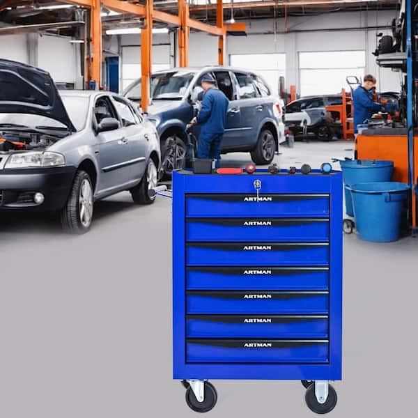 13 in. W 7 Drawer Rolling Metal Black and Blue Tool Carts w/ Ball Bearing Drawer Slides & Steel Tool Storage Organizer