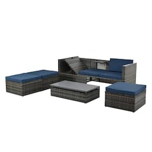 5-Piece Wicker Outdoor Sectional Sofa Set with Blue Cushions, Lift Top Coffee Table, Adjustable Lounge