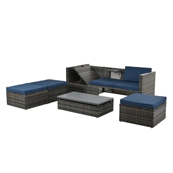 5-Piece Wicker Outdoor Sectional Sofa Set with Blue Cushions, Lift Top ...