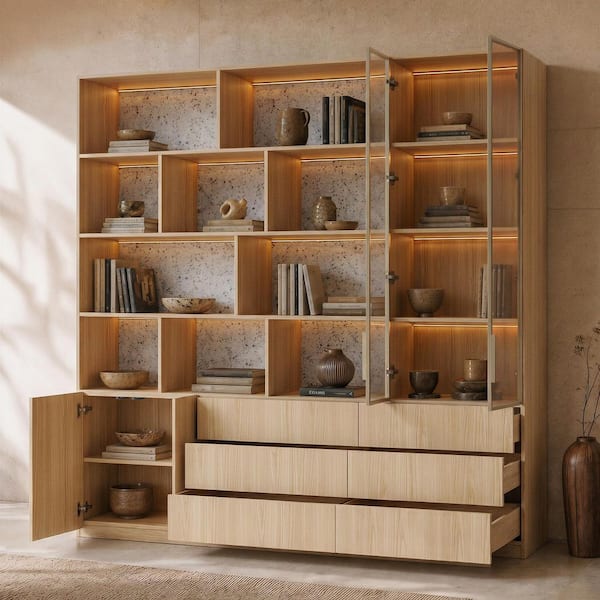 92.5 in. Tall Natural Wood 16-Shelf Accent Bookcase with Glass Doors, LED Lighting, Marble-Pattern Back Panel, 6 Drawers