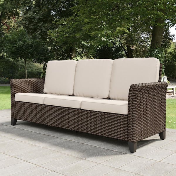 3-Seat Wicker Outdoor Patio Sofa Sectional Couch with Beige Cushions