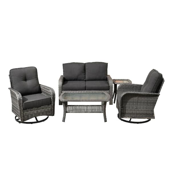 Ruby Grey 5-Piece Wicker Outdoor Furniture Patio Conversation Sofa Set with Swivel Chairs and Black Cushions
