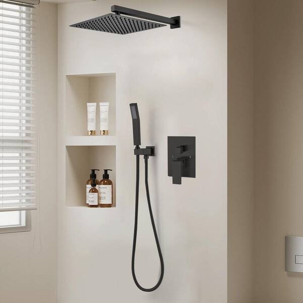 1-Spray 11.8 in. Single Wall Mount Square Fixed Rain Shower Head in Matte Black 1-Spray 11.8 in. Single Wall Mount Square Fixed Rain Shower Head in Matte Black