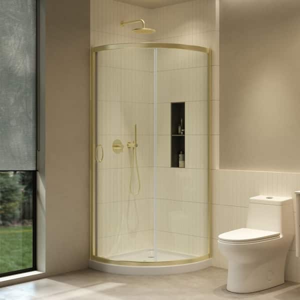 Breeze 33 in. L x 33 in. W x 77 in. H Corner Shower Kit with Sliding Framed Door and Base with Corner Drain in Gold