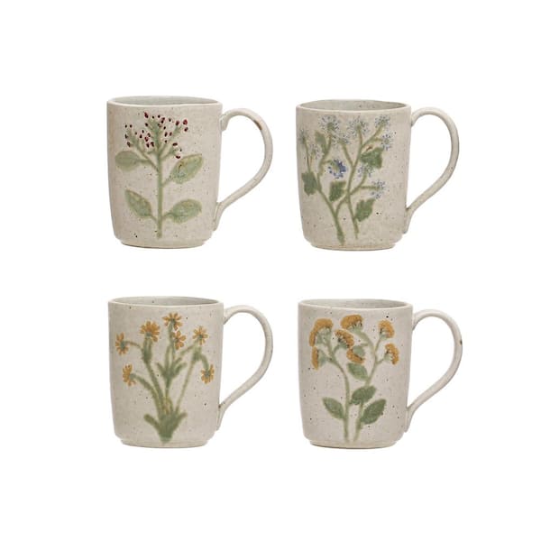 Storied Home 12 oz. Cream Beige Stoneware Beverage Mugs with Flower Design (Set of 4)