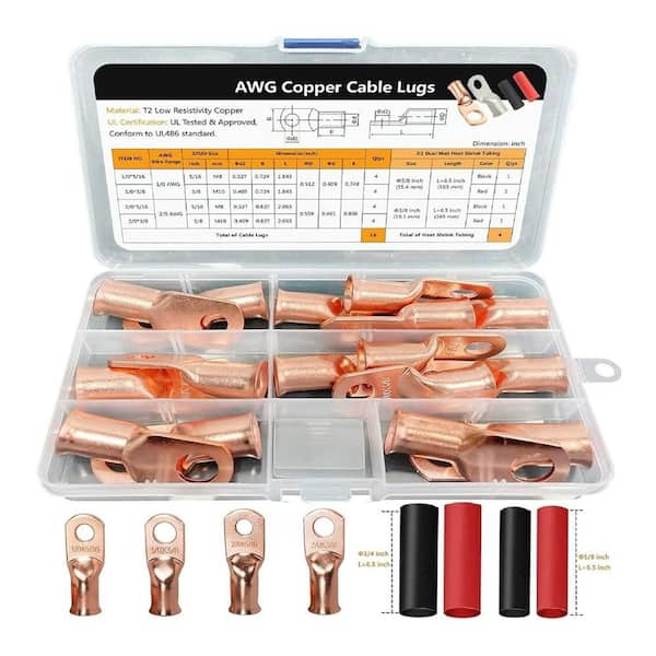 20-Pieces Heavy Duty Battery Lugs Kit - 1/0 and 2/0 AWG Copper, 3/8 in. and 5/16 in. Studs with 3:1 Heat Shrink