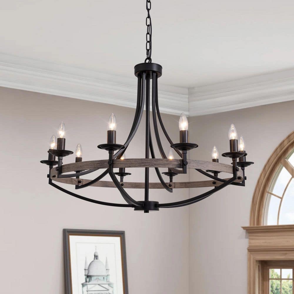 35 in. 10-Light Black Farmhouse Candle Style Dimmable Wagon Wheel Chandelier for Dining Room and Living Room price history on PriceWatchPro