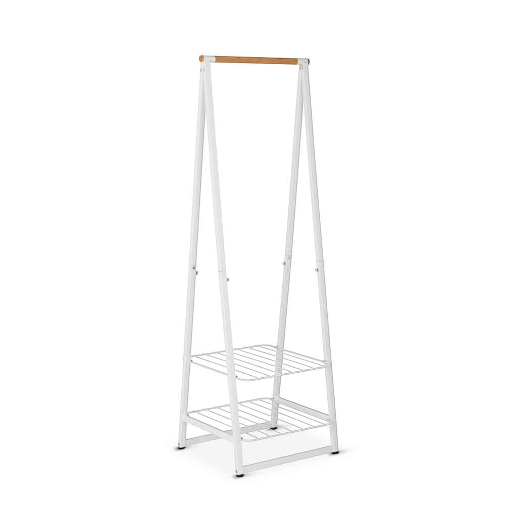 Small White Wood and Wire Garment Rack with Adjustable Shelves
