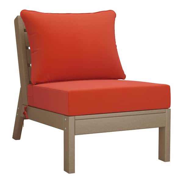 WESTIN OUTDOOR Birchwood Outdoor Patio Deep Seating HDPE Armless Lounge Chair in Weathered Wood with Orange Cushions
