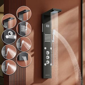 55 in. 6-Jet LED Rainfall Mist Shower Panel System with Adjustable Massage Jets and Waterfall Tub Spout in Matte Black