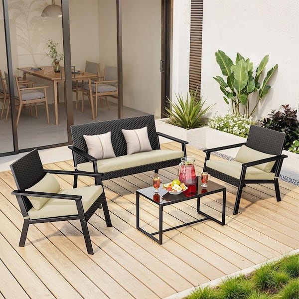 Lofka 4-Pieces Outdoor Patio Furniture with Deep Seating Cushion and Table, Use for Backyard, Porch, Beige