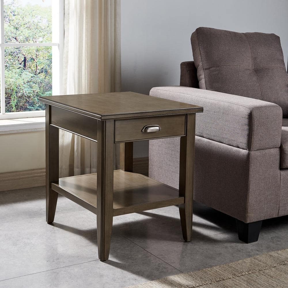 Laurent Smoke Gray Solid Wood End Table with Drawer and Shelf