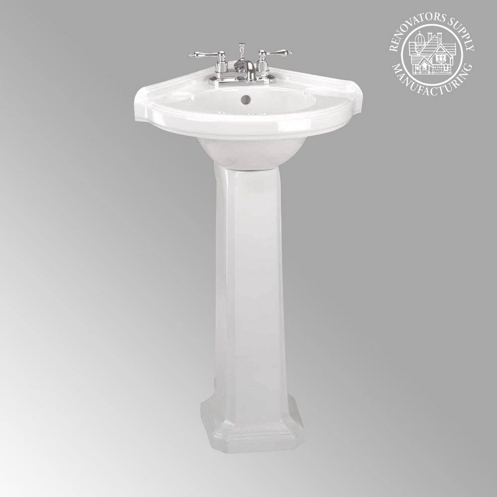 White Ceramic Corner Pedestal Bathroom Sink with Overflow