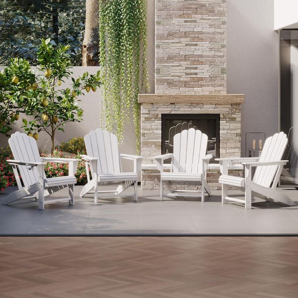 Aderson Set of 4 All Weather Fade Resistant Outdoor Patio HDPE Adirondack Chairs with Cup Holders in White