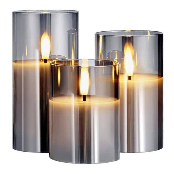 Gray Flickering Flameless Candles, (Set of 3) Battery Operated Flameless Led Candles with 10-Key Remote and Timer
