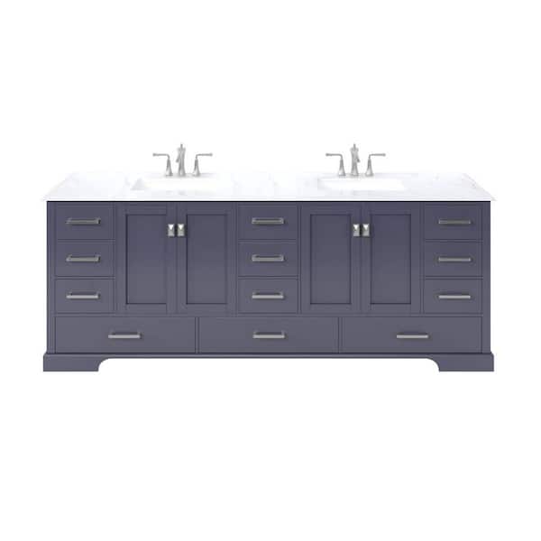 Frontier 84 in. Double Sink Dark Gray Bath Vanity with White Carrara Quartz Top (Assembled)