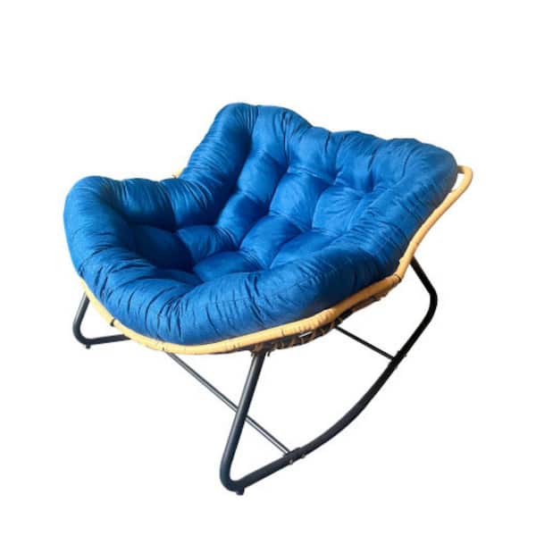 Series Frame Yellow Rattan Metal Rocking Outdoor Rocking Chair with CushionGuard Dark Blue Cushion 1-Piece