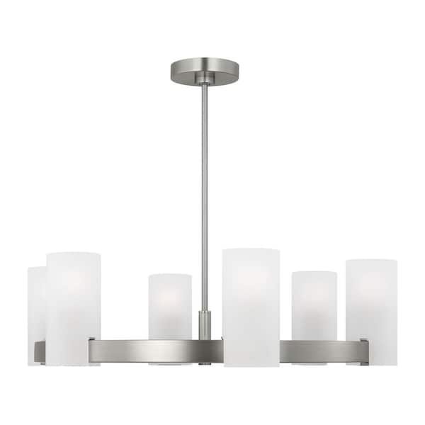 SCOTT LIVING Rhode 6-Light Brushed Steel Large Chandelier with Etched Glass Shades and No Bulbs Included