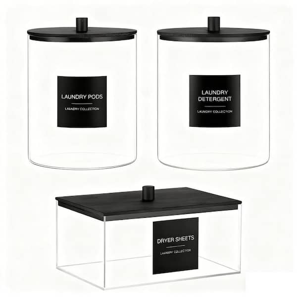 3-Pack Black Bathroom Storage Jars, Glass Jars, Dryer Sheet Holder, Laundry Pods Container with Bamboo Lid and 27 Labels