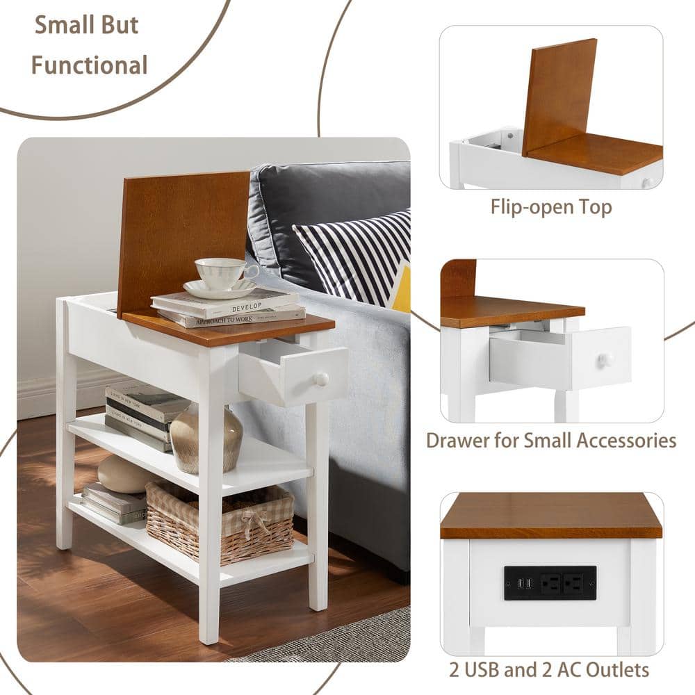 Narrow White and Brown Wood End Table with USB Ports
