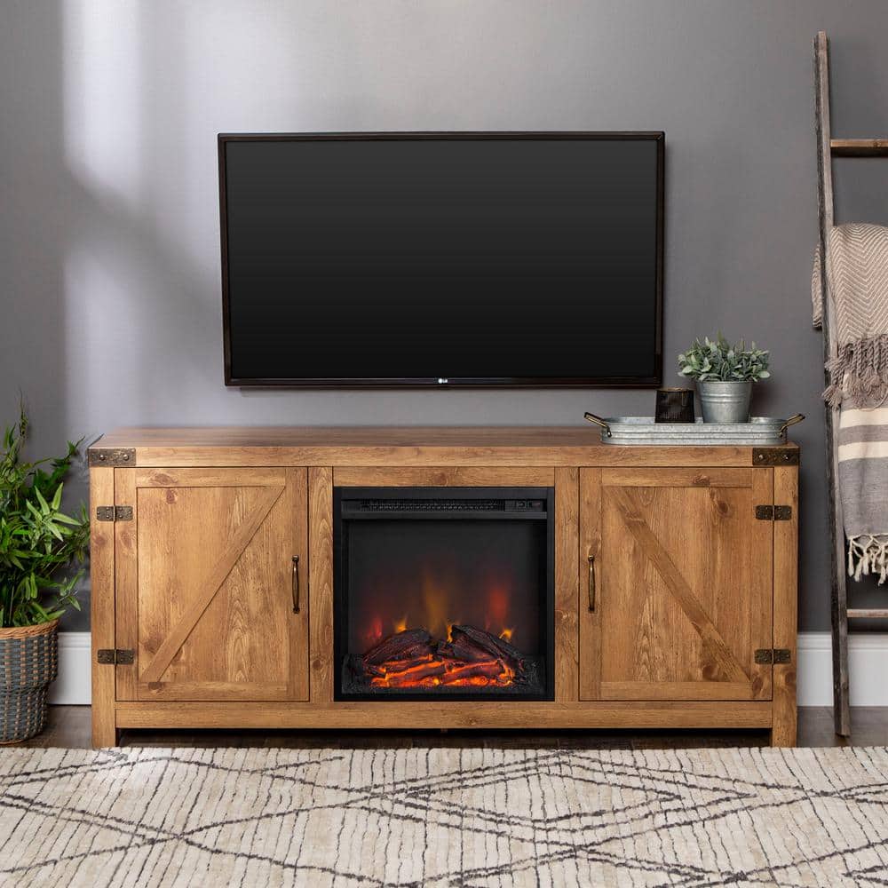 Walker Edison Furniture Company 58 in. Rustic Electric Fireplace TV Console in Barnwood