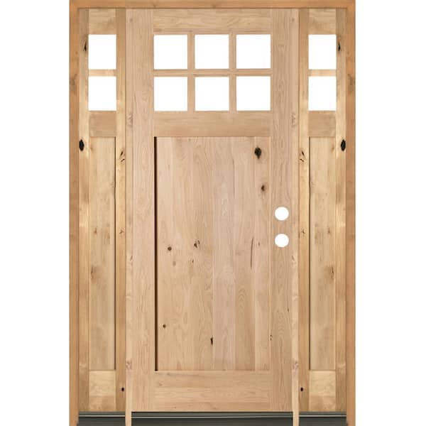 64 in. x 96 in. Craftsman Alder 1 Panel 6-Lite Clear Low-E Unfinished Wood Left-Hand Prehung Front Door/Sidelites
