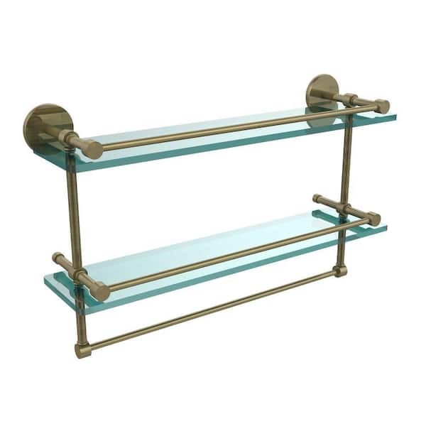 22 in. L x 12 in. H x 5 in. W 2-Tier Clear Glass Bathroom Shelf with Towel Bar in Antique Brass