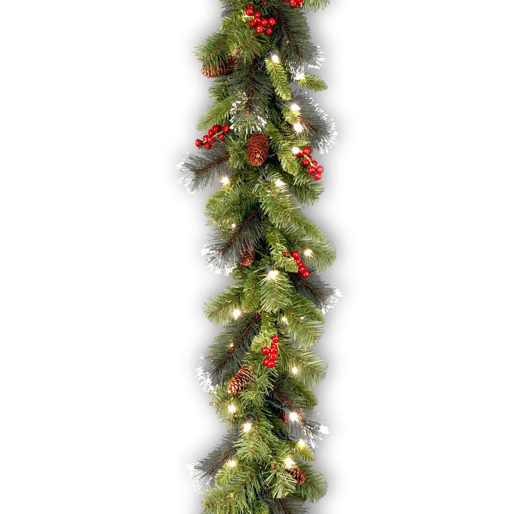 National Tree Company 9' Crestwood Spruce Silver Bristle Garland With Pine Cones, Berries, Glitter & 50 Clear Lights