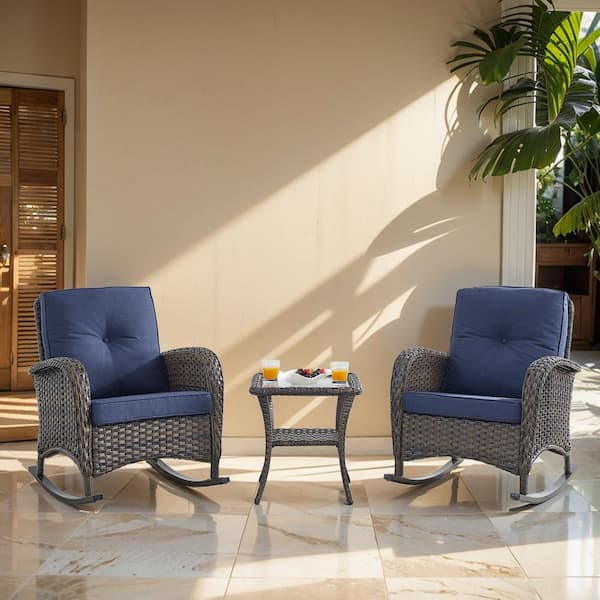 PlainCurve 3-Piece Brown Wicker Outdoor Rocking Chairs Patio Conversation Set with Olefin Blue Cushions