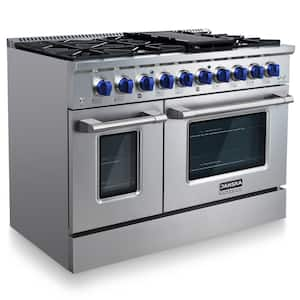 Professional 48 in. 6.7 cu. ft. 8-Burners Double Oven Gas Range with Griddle in Stainless Steel with 2-Sets of Knobs