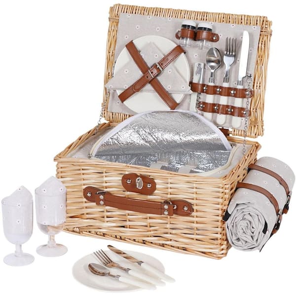 White Flower Picnic Basket Set for 2 Wicker Picnic Basket with Waterproof Blanket Insulated Liner Handmade Willow Hamper