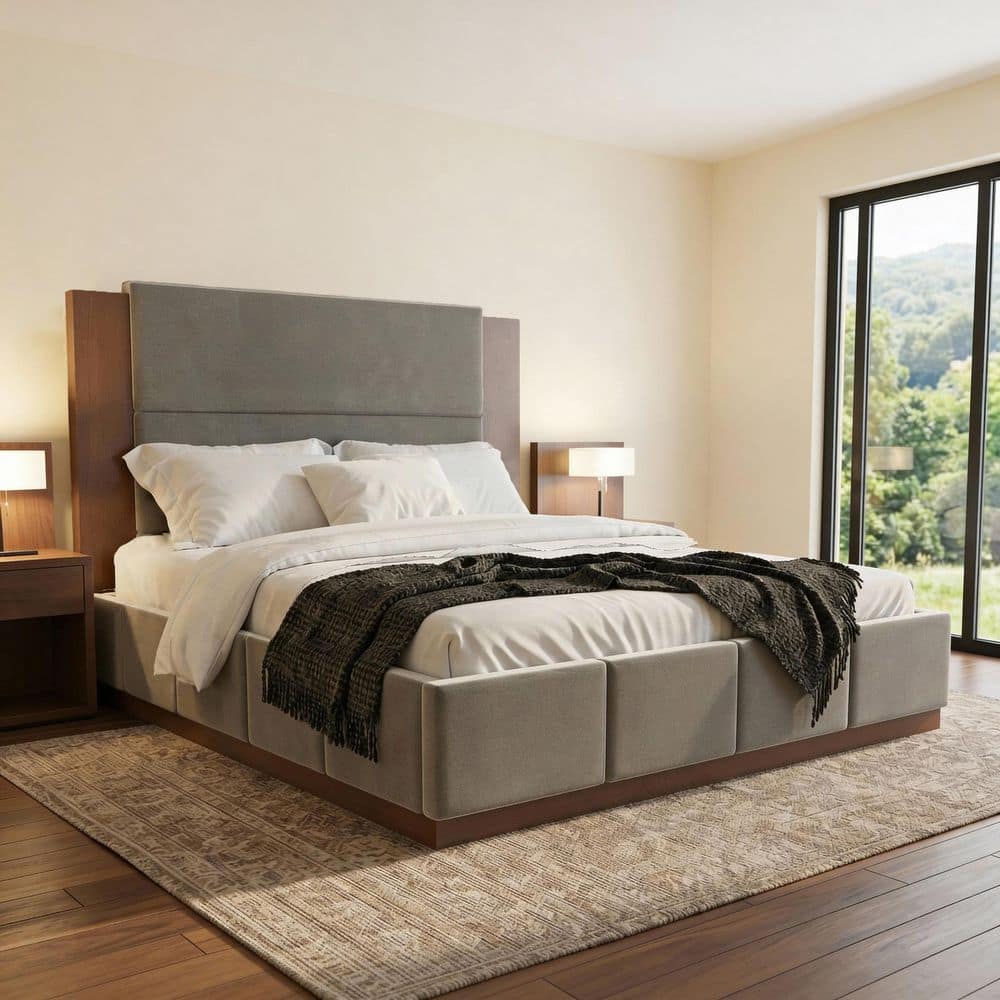 Gray Wood Frame Queen Size Velvet Upholstered Platform Bed with 49 in. Tall Headboard, Fully Padded Surround price history on PriceWatchPro