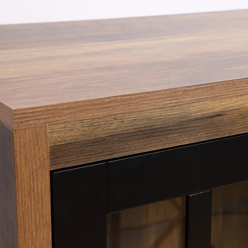 Natural Wood and Black Glass Door Curio Cabinet