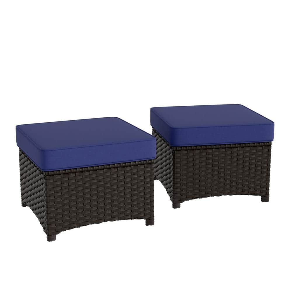 Azure Bay Dark Blue and Brown Steel Wicker Patio Ottoman Set