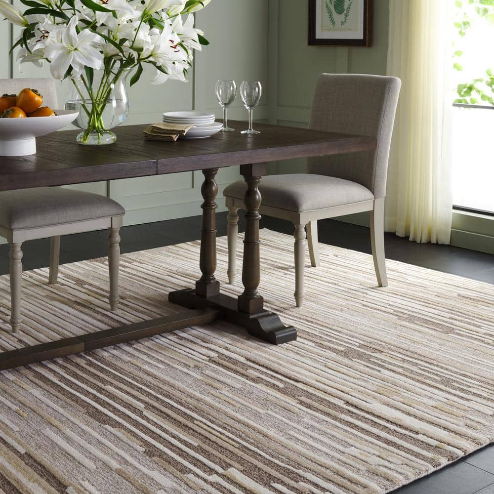 Natural Beige 3x5 Wool Hand-Tufted Striped Area Rug
