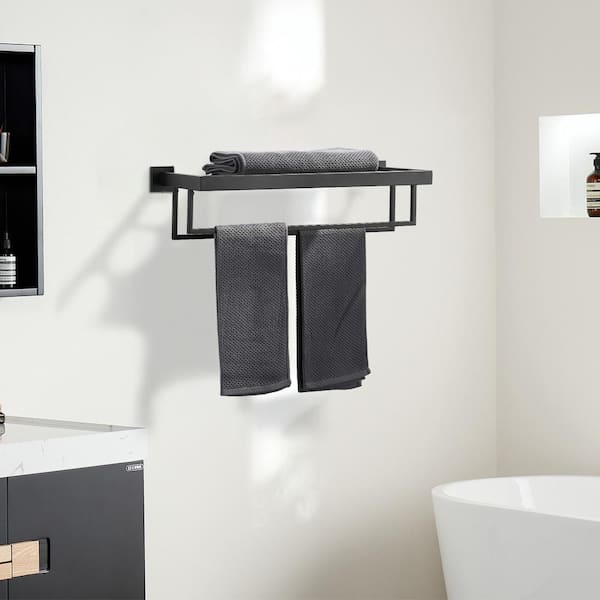 24 in. Stainless Steel Wall Mounted Towel Rack with Double Towel Bars for Bathroom in Matte Black