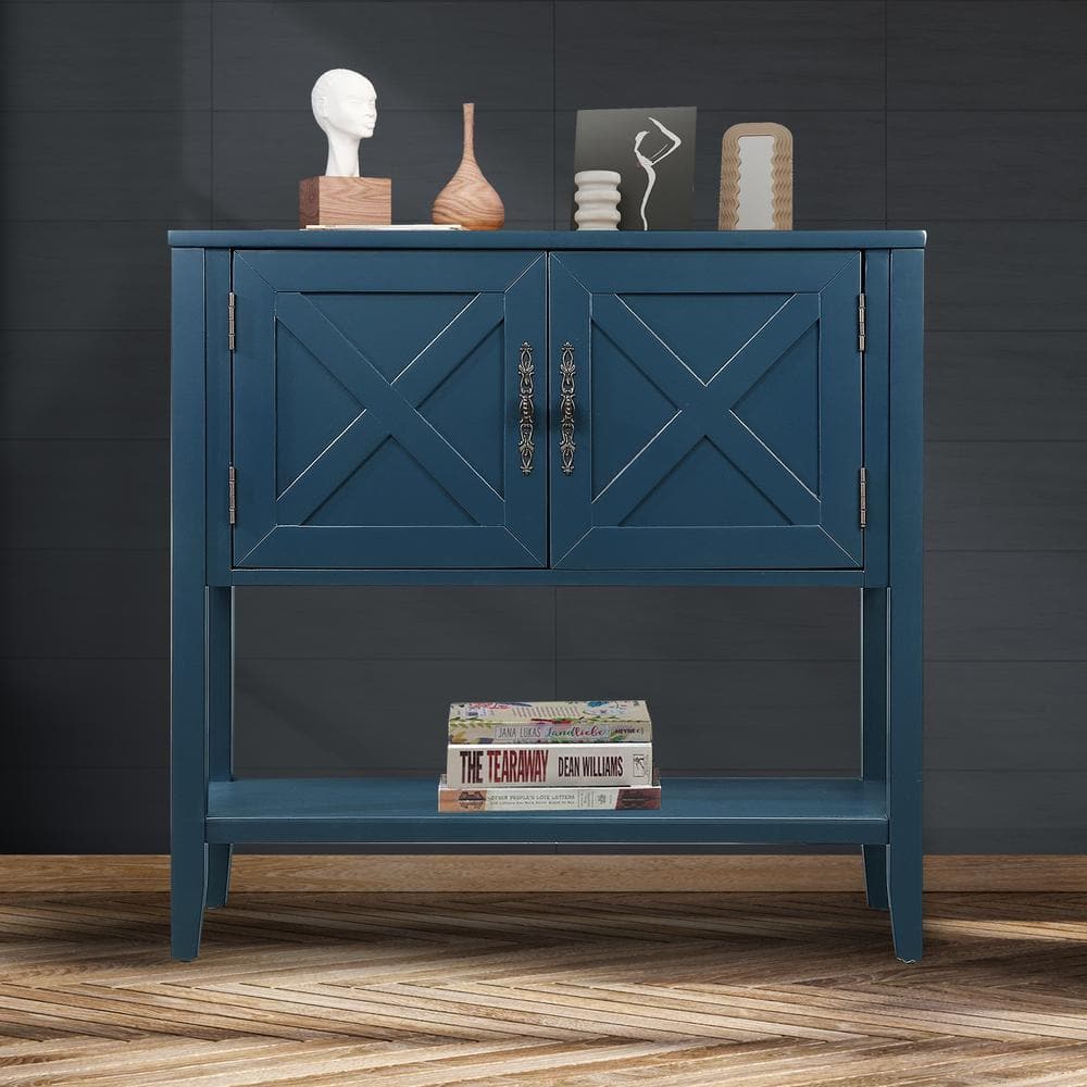 Vera 35 in. Navy Blue Rectangle Wood Console Table with Bottom Shelf and 2-