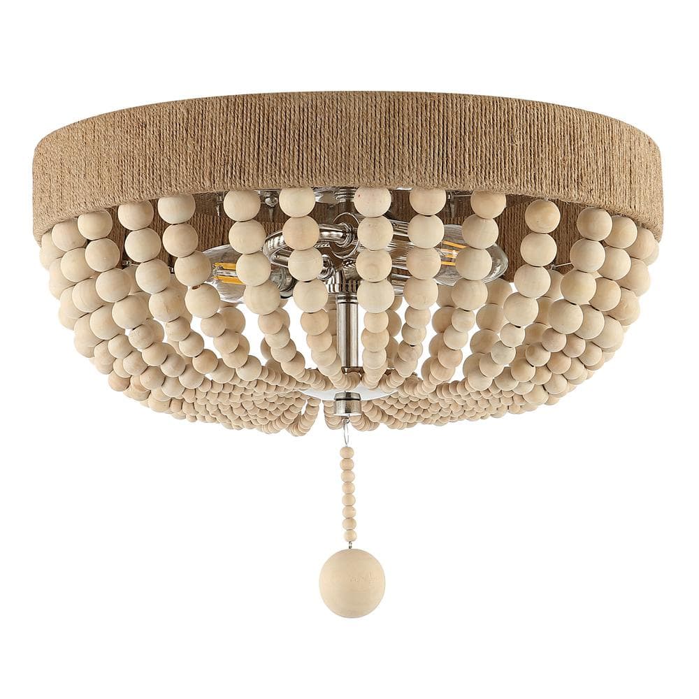 Rustic Farmhouse 14" Chrome Drum LED Flush Mount with Wood Bead Shade