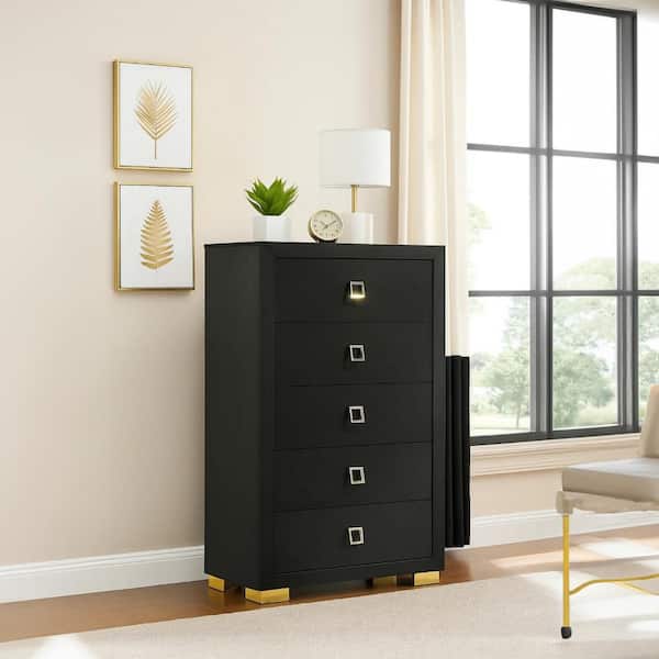 Benjara Lati Black, Gold and Chrome 5-Drawer 16 in. Wide Chest of Drawers BM340879 Benjara Lati Black, Gold and Chrome 5-Drawer 16 in. Wide Chest of Drawers BM340879