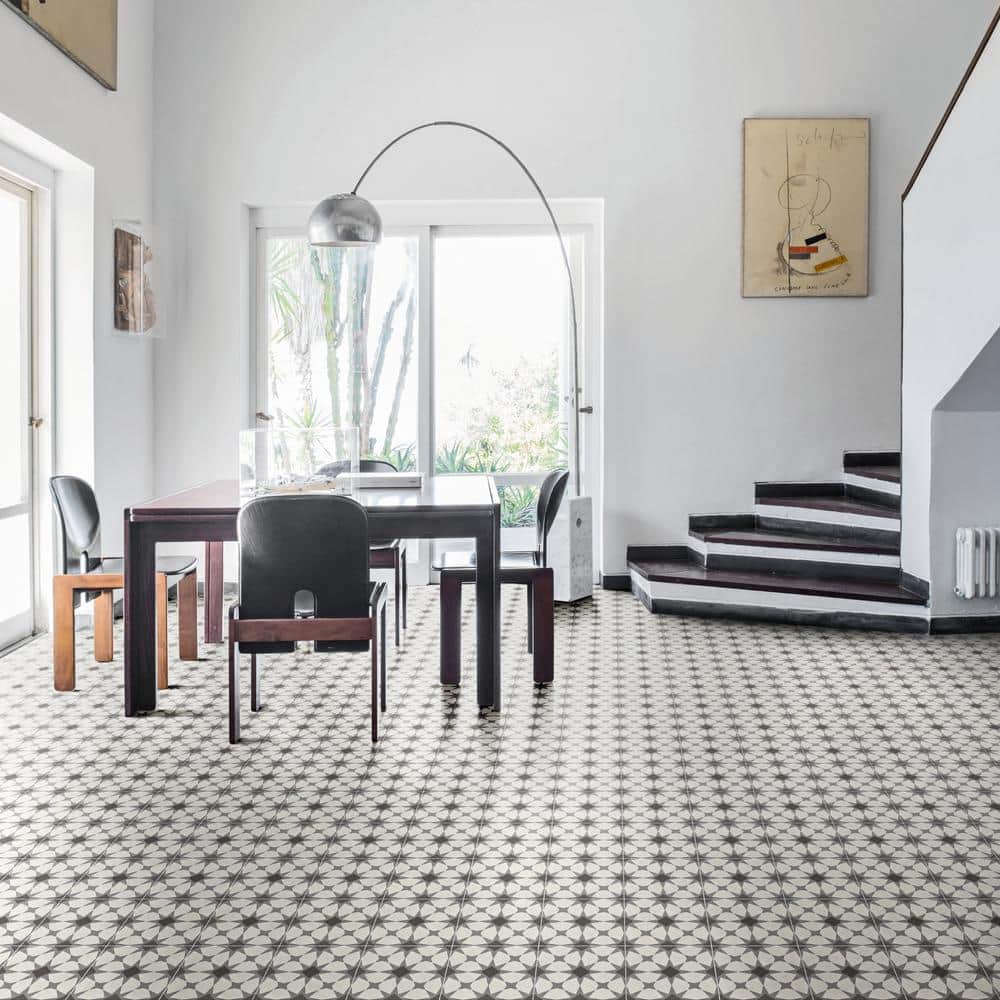 Starbrite White & Black Encaustic Look 8x8 Porcelain Tile