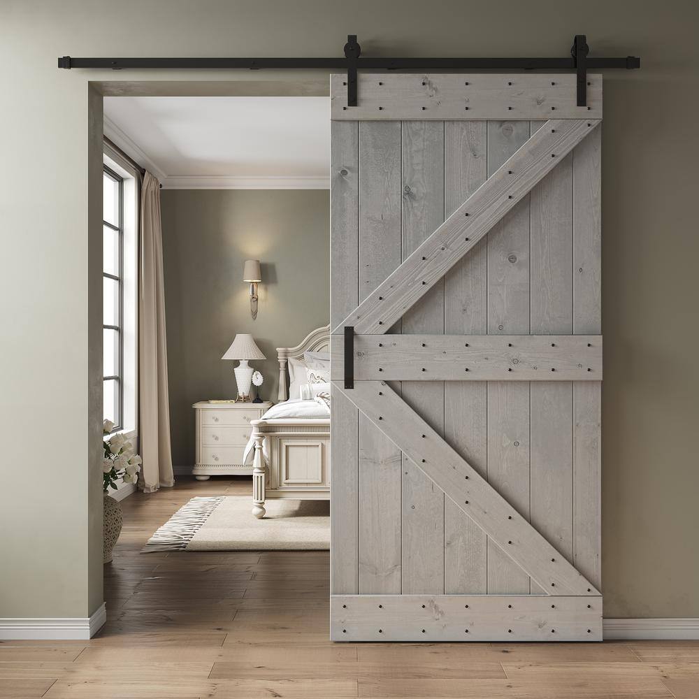 Light Gray Pine Wood Sliding Barn Door with Black Hardware Kit