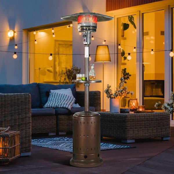 46,000 BTU Metal Brown Propane Gas Patio Heater with Wheels and Drink Stand