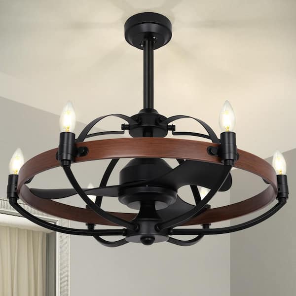 27 in. Indoor Walnut Smart Ceiling Fan with E12 Lights with Remote, Downrod Mount Farmhouse Chandelier, Fandelier