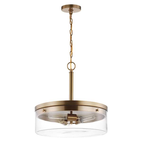 Intersection 60-Watt 3-Light Burnished Brass Shaded Pendant Light with Clear Glass Shade, No Bulbs Included