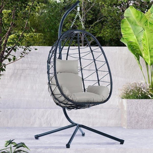 37.4 x 37.4 x 77 in. Rattan and Metal Outdoor/Indoor Patio Hanging Light Gray Water Resistant Cushion Swing Egg Chair