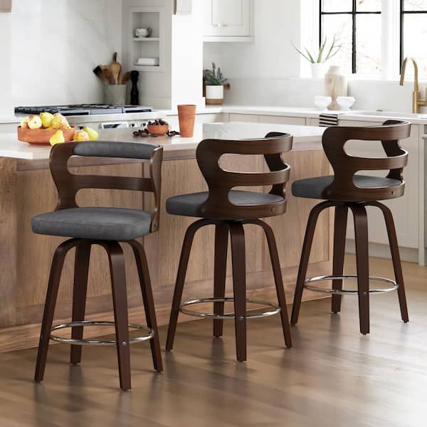 26 in. Gray Faux Leather and Deep Walnut Wood Mid-Century Modern Swivel Counter Height Bar Stool (Set of 3)