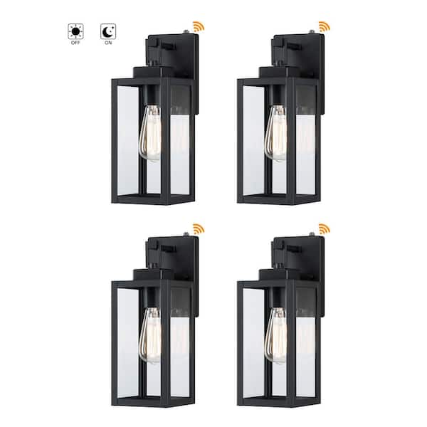 Hukoro Bonanza 14 in. 1-Light Matte Black Outdoor Wall Lantern Sconce with Dusk to Dawn (4-Pack)