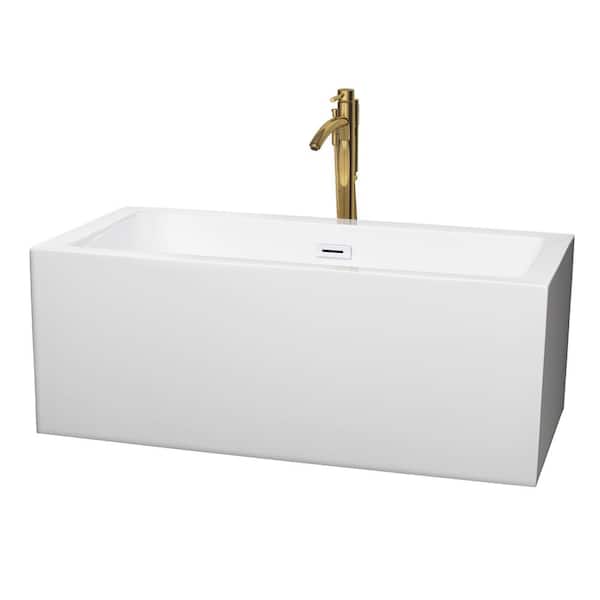 Wyndham Collection Melody 59.5 in. Acrylic Flatbottom Bathtub in White with Shiny White Trim and Brushed Gold Faucet