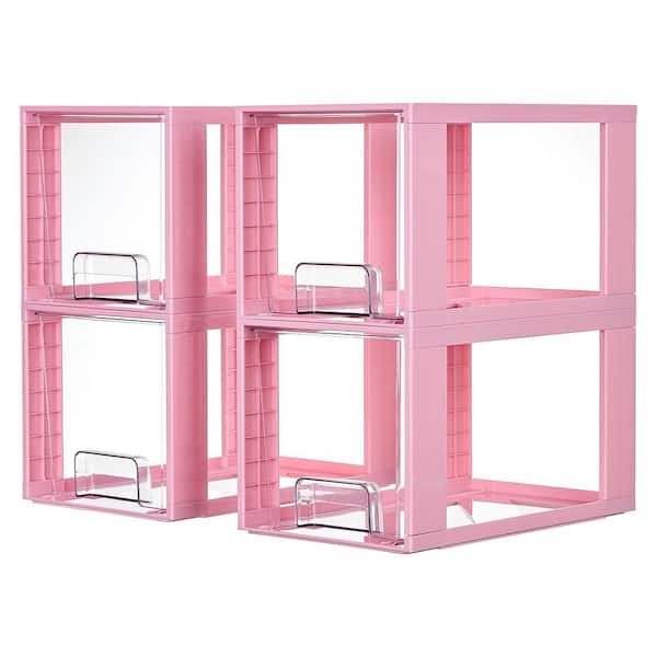 4 Pack Large Stackable Storage Drawers, Plastic Bins for Kitchen Cabinets, Pantry, Makeup, Medicine Organization, Pink