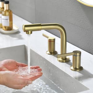 Deck Mount 8 in. Widespread Double Handle Bathroom Faucet, 360° Spout Bathroom Sink Faucet in Brushed Gold Color